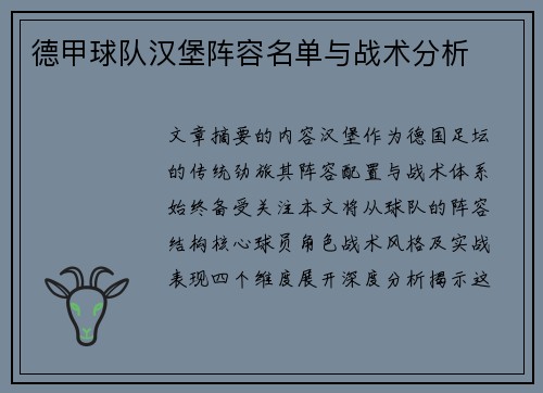 德甲球队汉堡阵容名单与战术分析