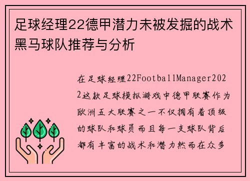 足球经理22德甲潜力未被发掘的战术黑马球队推荐与分析