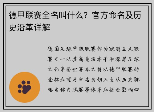 德甲联赛全名叫什么？官方命名及历史沿革详解